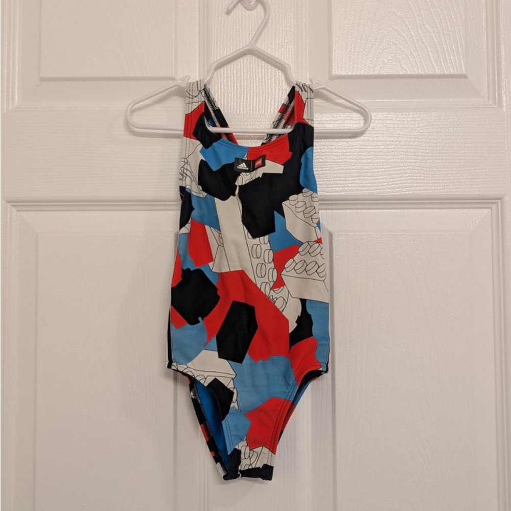 Girls Adidas x LEGO One Piece Swimsuit 5-6A Red Blue Black White Legoland Vacay - Picture 2 of 5